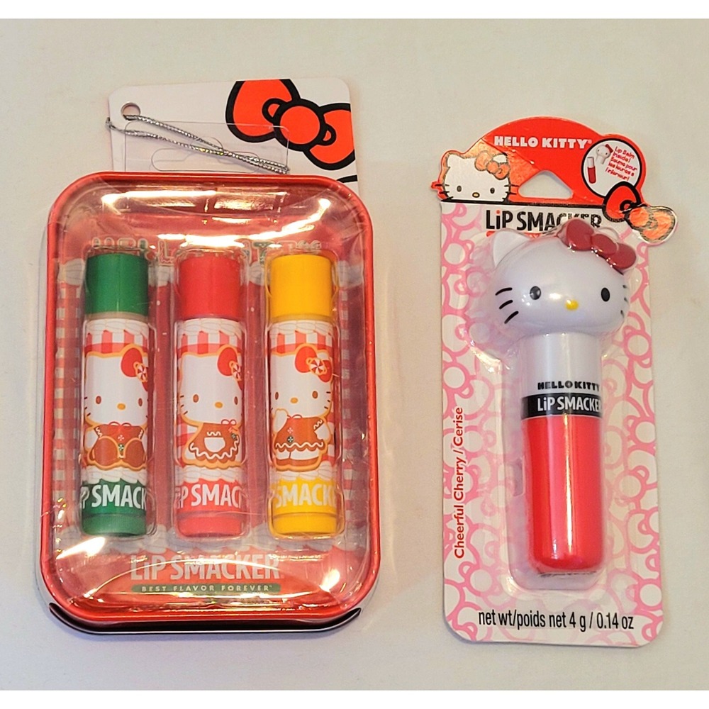 HELLO KITTY Lip Smacker Lot Holiday Tin Trio  & Cherry Lip Balm Best Flavor